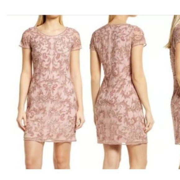 NWT! PISARRO NIGHTS BEADED MESH COCKTAIL DUSTY PINK ROSE MINI DRESS Sz 8 - Picture 1 of 7